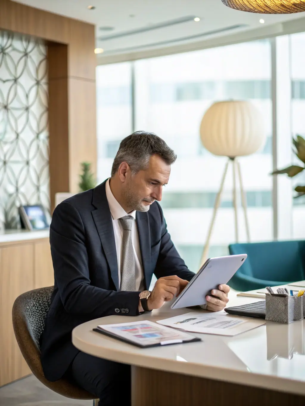 A professional-looking image depicting a pharmaceutical executive reviewing contract data on a tablet, smiling confidently, symbolizing improved decision-making.